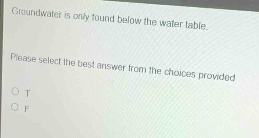 groundwater is only found below the water table.\nplease select the best answer from the choices provided\nt\nf