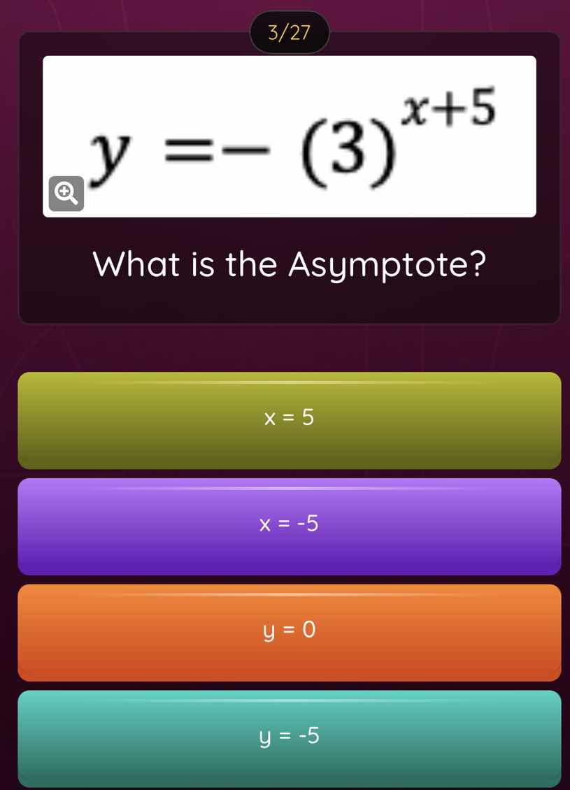 $y = -(3)^{x+5}$\nwhat is the asymptote?\n$x = 5$\n$x = -5$\n$y = 0$\n$y = -5$