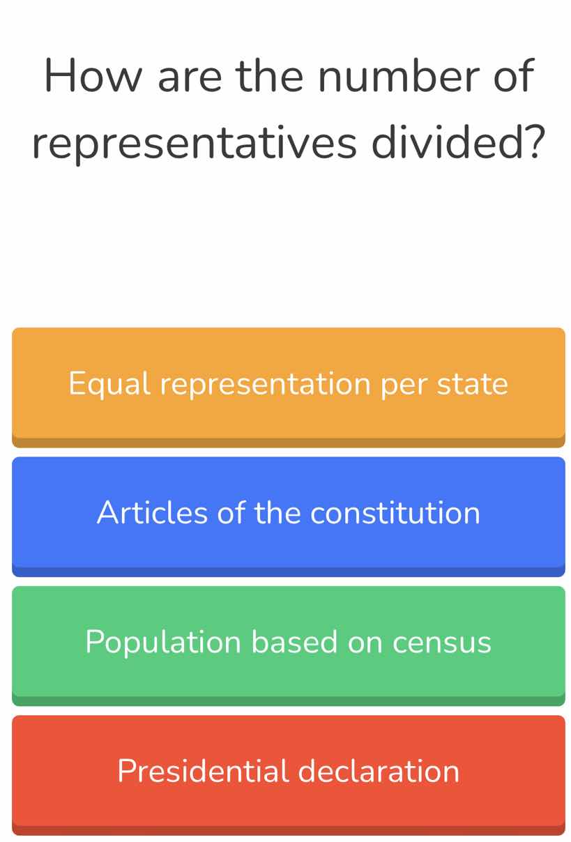 how are the number of representatives divided?\nequal representation per state\narticles of the constitution\npopulation based on census\npresidential declaration