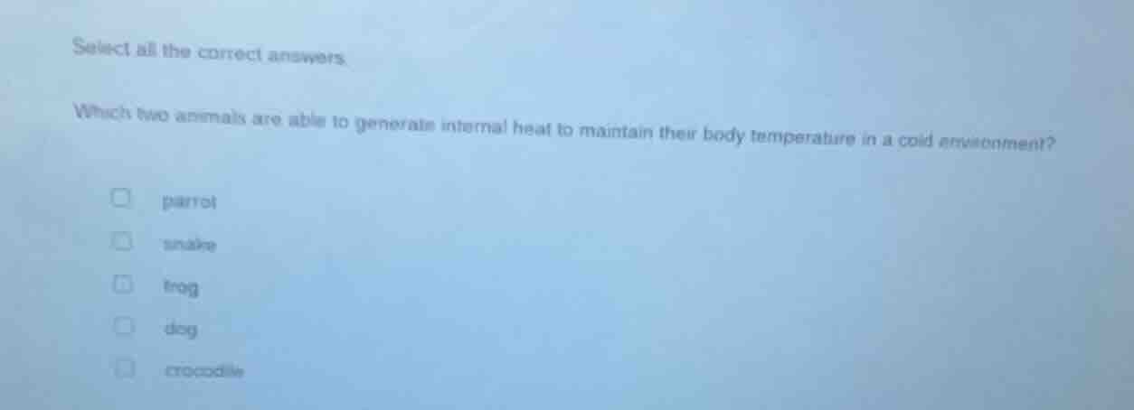 select all the correct answers.\nwhich two animals are able to generate internal heat to maintain their body temperature in a cold environment?\nparrot\nsnake\nfrog\ndog\ncrocodile
