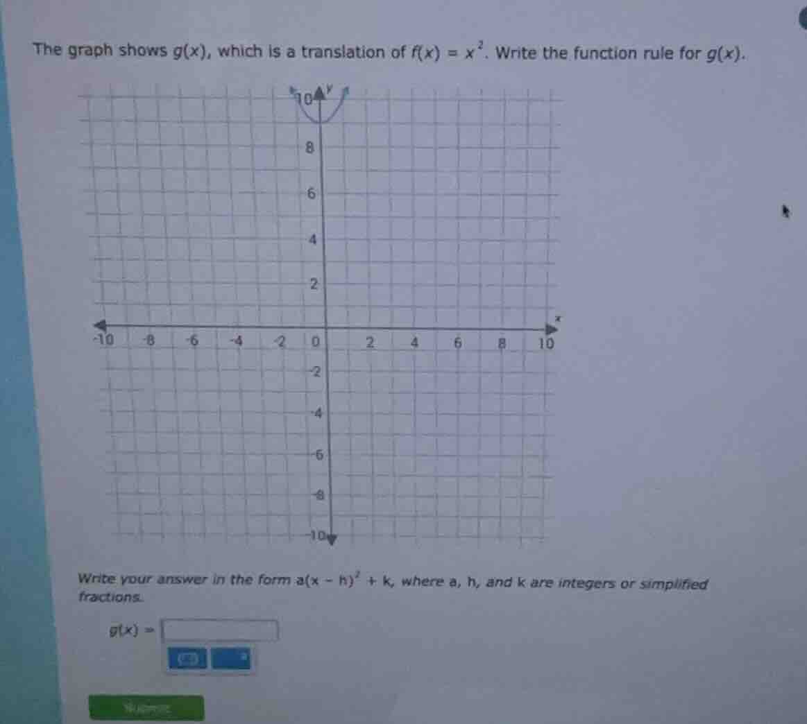 the graph shows $g(x)$, which is a translation of $f(x) = x^2$. write the function rule for $g(x)$. \n\nwrite your answer in the form $a(x - h)^2 + k$, where a, h, and k are integers or simplified fractions.\n$g(x) = $
