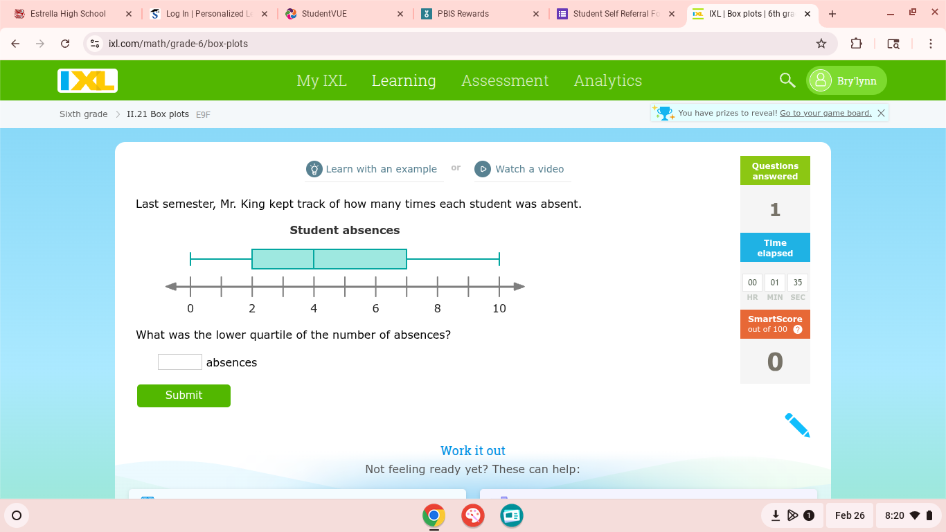 last semester, mr. king kept track of how many times each student was absent.\nstudent absences\nwhat was the lower quartile of the number of absences?\n_____ absences