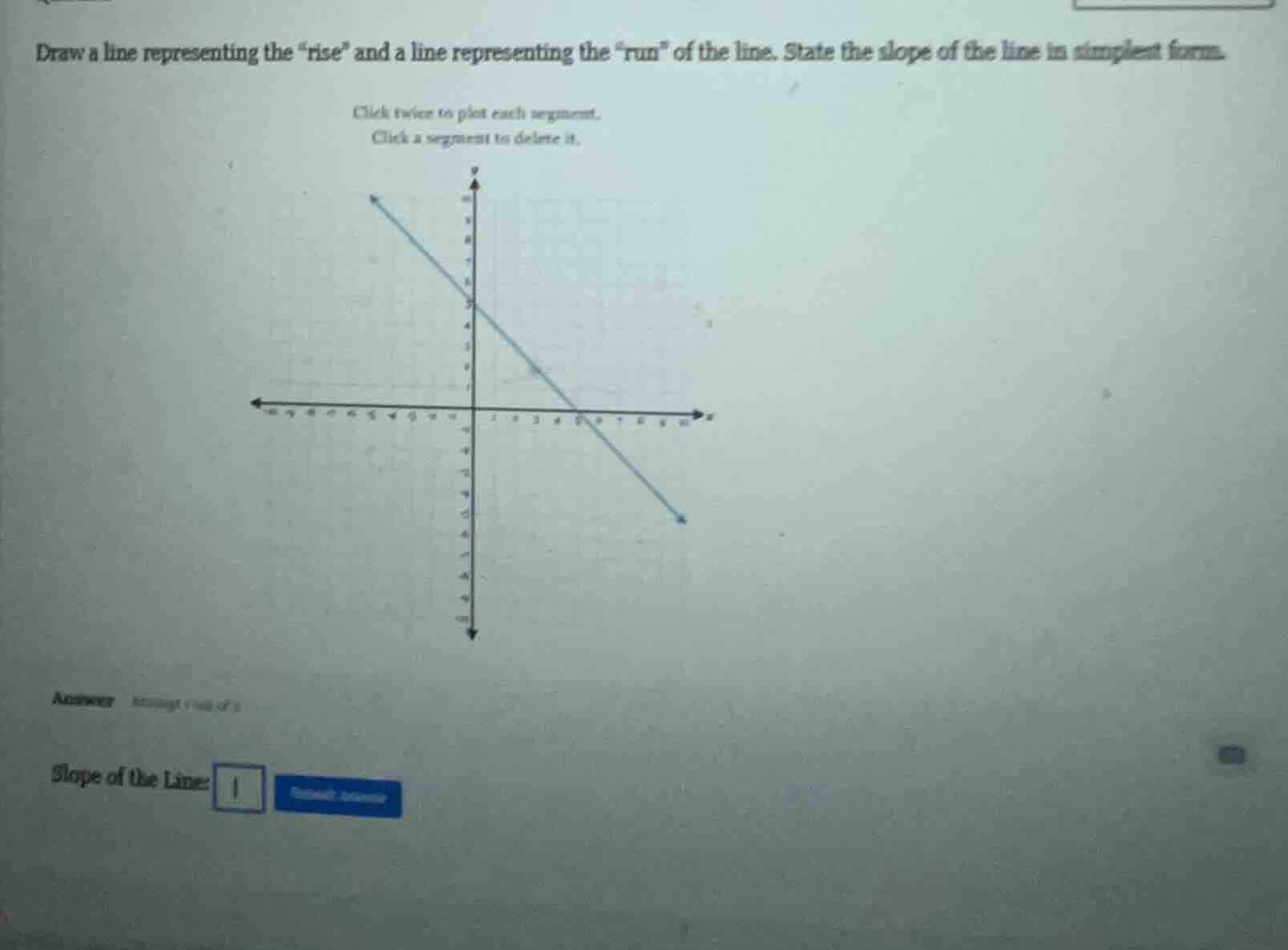 draw a line representing the \rise\ and a line representing the \run\ of the line. state the slope of the line in simplest form.\nclick twice to plot each segment.\nclick a segment to delete it.\nslope of the line: