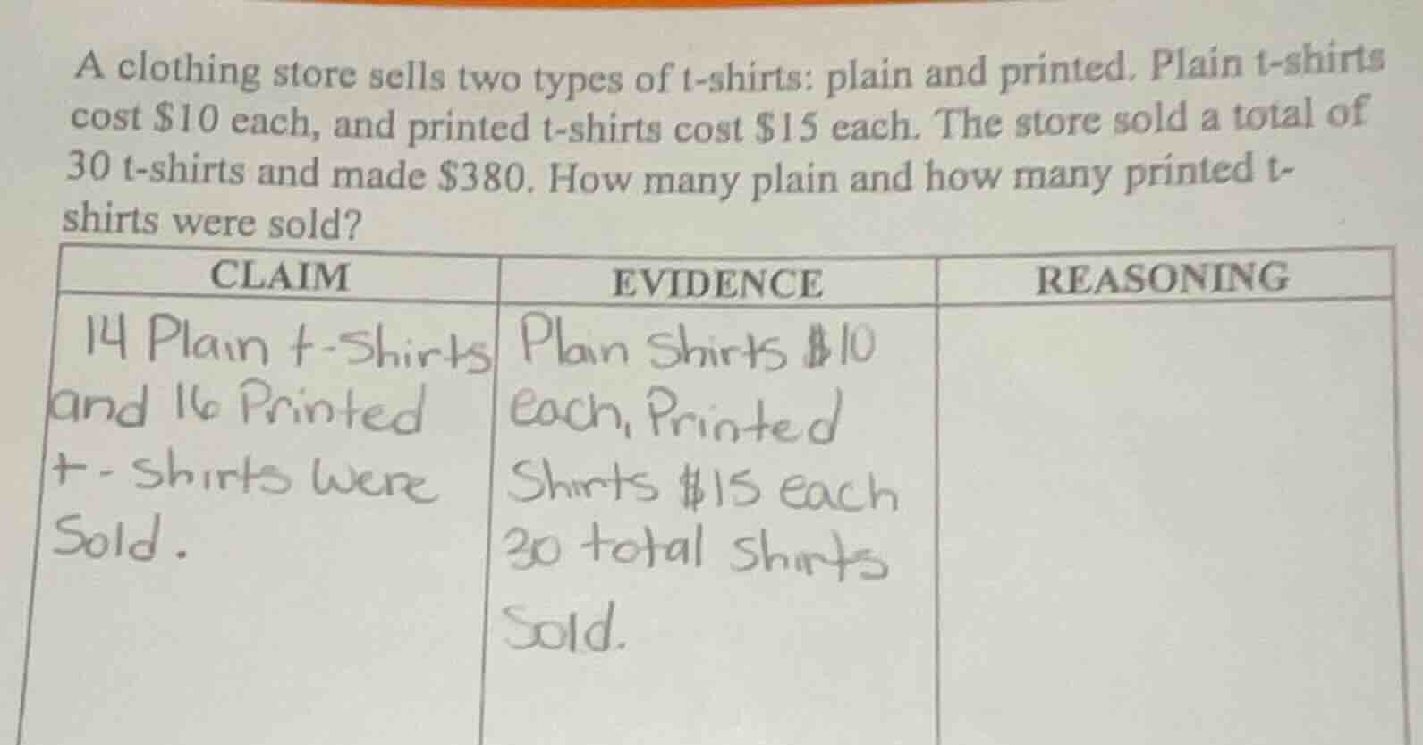 a clothing store sells two types of t-shirts: plain and printed. plain t-shirts cost $10 each, and printed t-shirts cost $15 each. the store sold a total of 30 t-shirts and made $380. how many plain and how many printed t-shirts were sold?\nclaim\n14 plain t-shirts and 16 printed t-shirts were sold.\nevidence\nplain shirts $10 each, printed shirts $15 each\n30 total shirts sold.\nreasoning