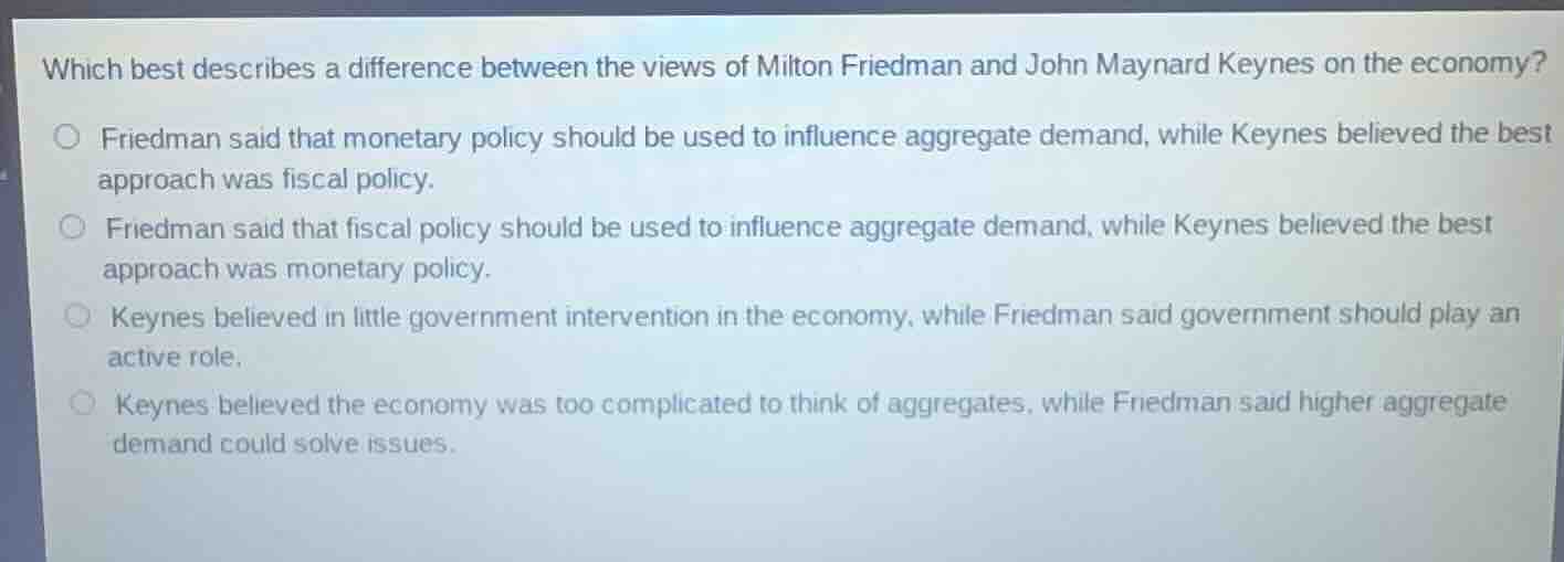 which best describes a difference between the views of milton friedman and john maynard keynes on the economy?friedman said that monetary policy should be used to influence aggregate demand, while keynes believed the best approach was fiscal policy.friedman said that fiscal policy should be used to influence aggregate demand, while keynes believed the best approach was monetary policy.keynes believed in little government intervention in the economy, while friedman said government should play an active role.keynes believed the economy was too complicated to think of aggregates, while friedman said higher aggregate demand could solve issues.