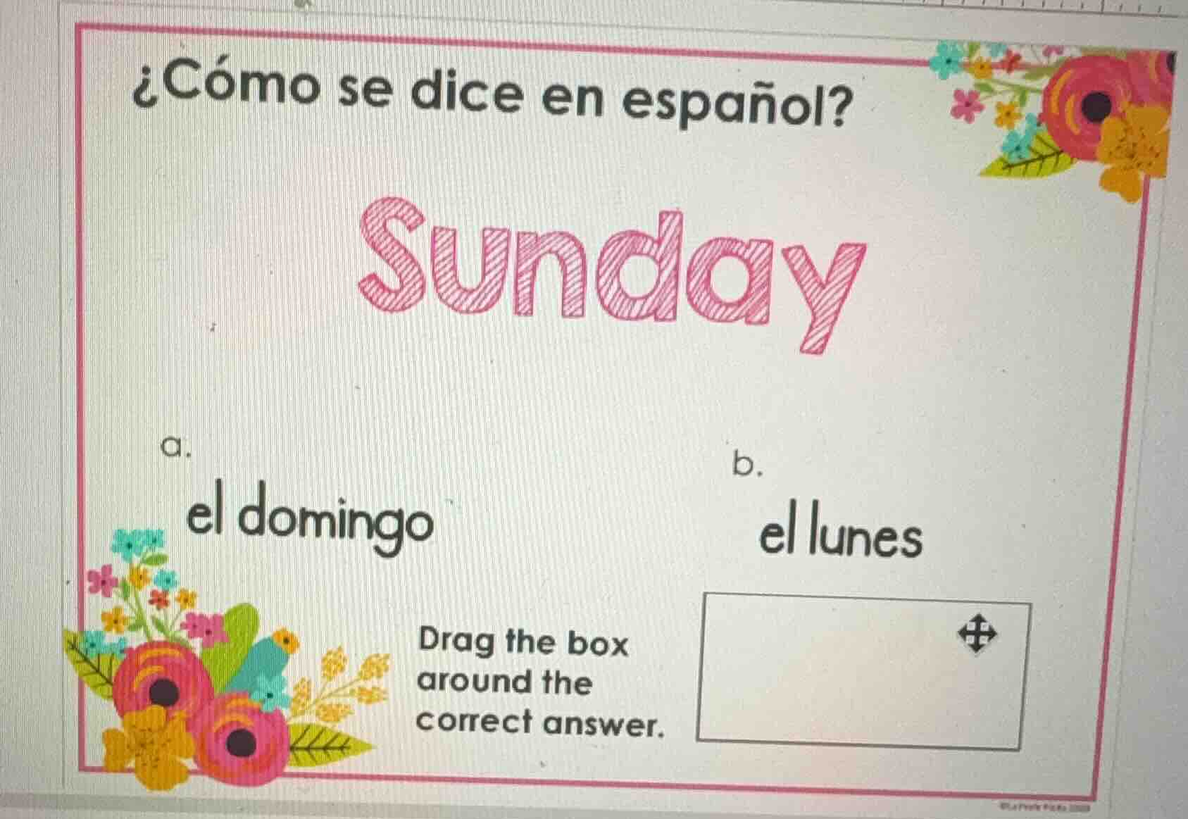 ¿cómo se dice en español?\nsunday\na. el domingo\nb. el lunes\ndrag the box around the correct answer.