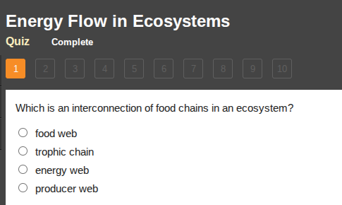 energy flow in ecosystems\nquiz complete\n1 2 3 4 5 6 7 8 9 10\nwhich is an interconnection of food chains in an ecosystem?\nfood web\ntrophic chain\nenergy web\nproducer web