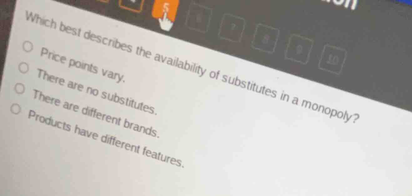 which best describes the availability of substitutes in a monopoly?○ price points vary.○ there are no substitutes.○ there are different brands.○ products have different features.