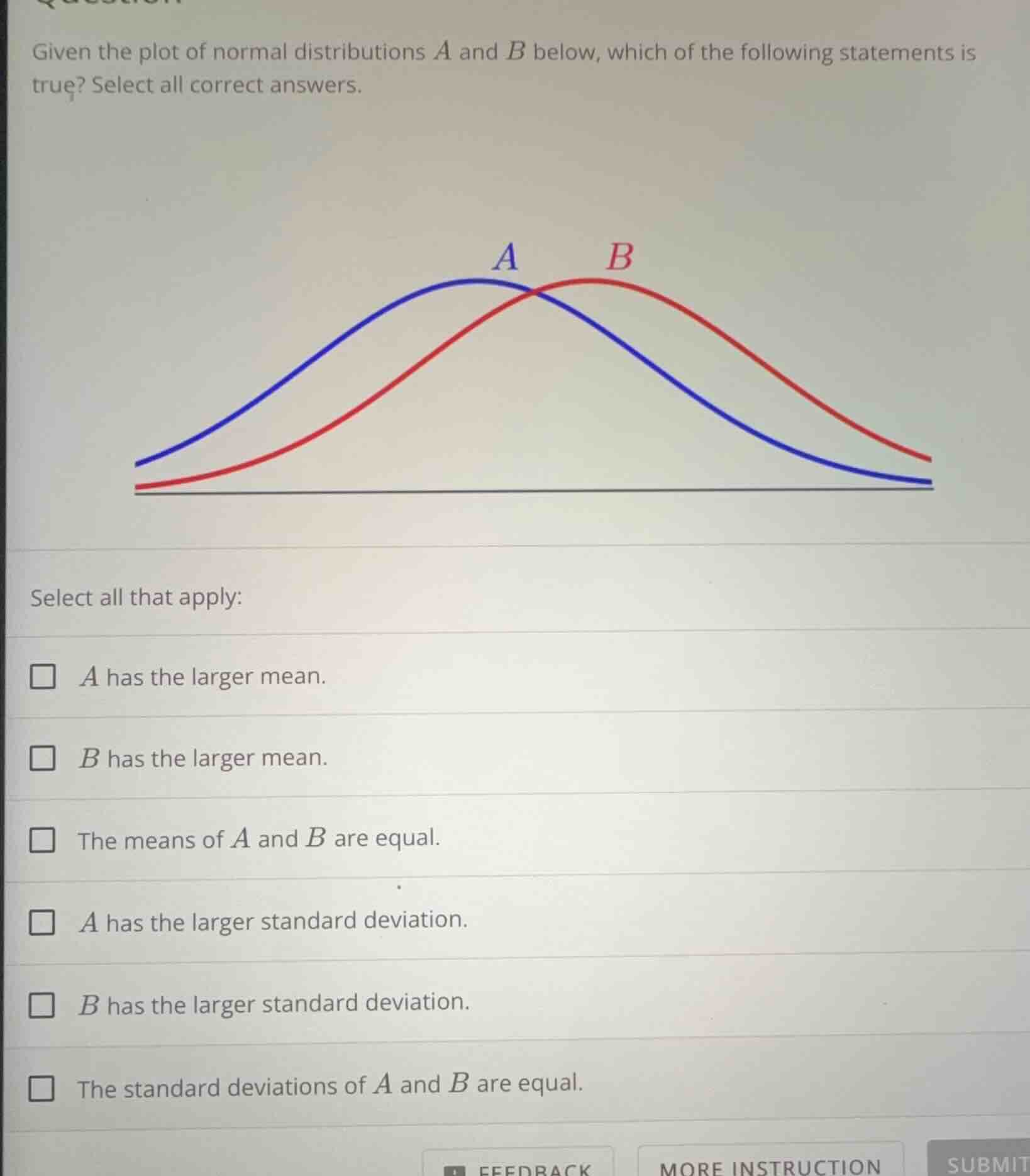 given the plot of normal distributions $a$ and $b$ below, which of the following statements is true? select all correct answers.\n\nselect all that apply:\n$square$ $a$ has the larger mean.\n$square$ $b$ has the larger mean.\n$square$ the means of $a$ and $b$ are equal.\n$square$ $a$ has the larger standard deviation.\n$square$ $b$ has the larger standard deviation.\n$square$ the standard deviations of $a$ and $b$ are equal.