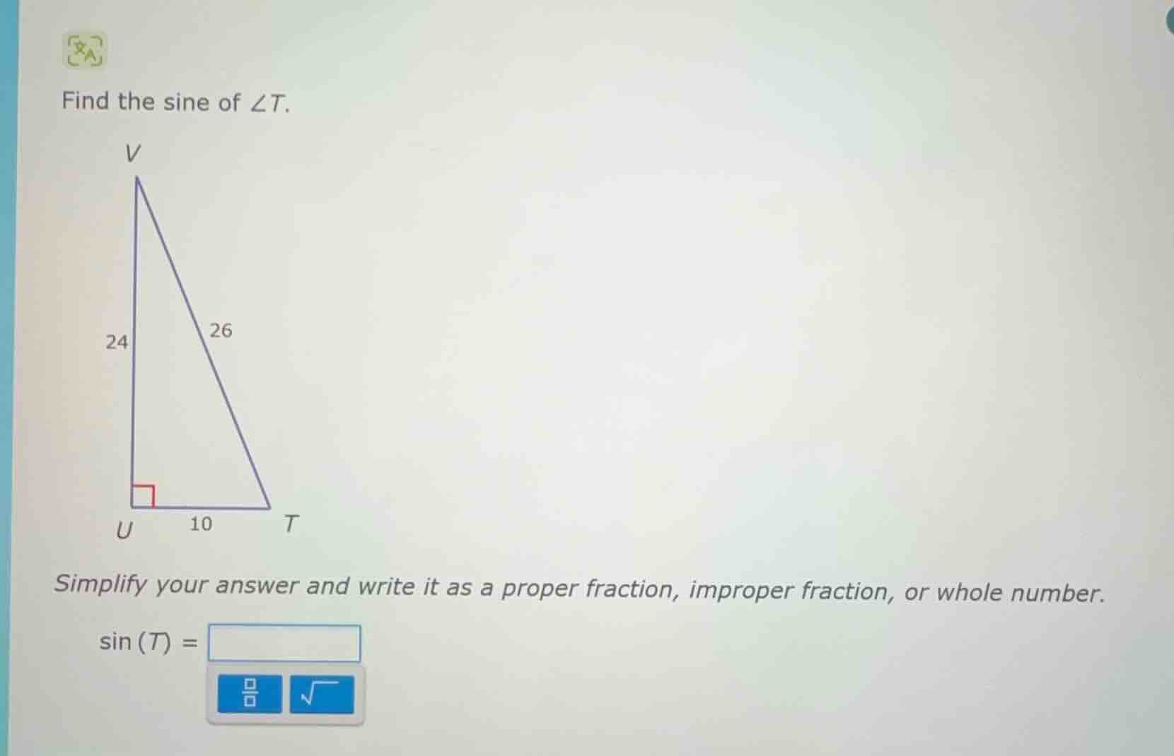 find the sine of $angle t$.\nsimplify your answer and write it as a proper fraction, improper fraction, or whole number.\n$sin(t) = $