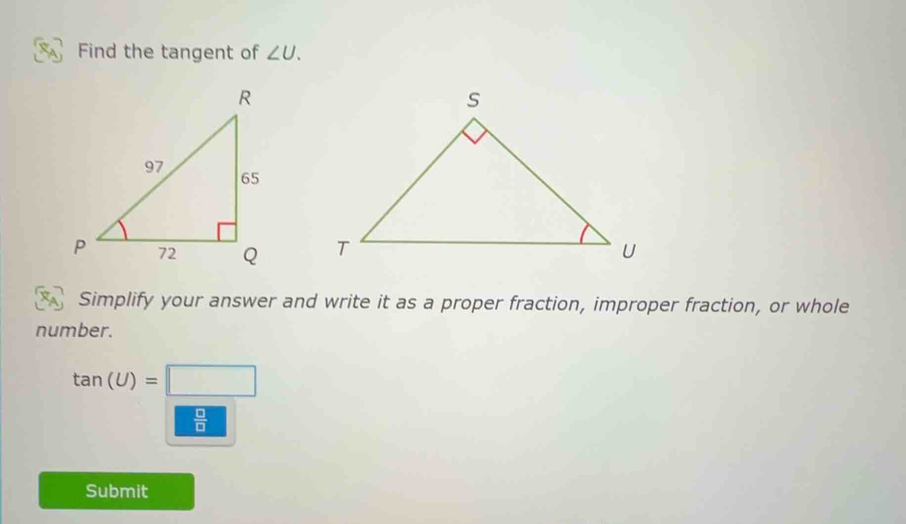 find the tangent of $angle u$.\nsimplify your answer and write it as a proper fraction, improper fraction, or whole number.\n$\tan(u) = $