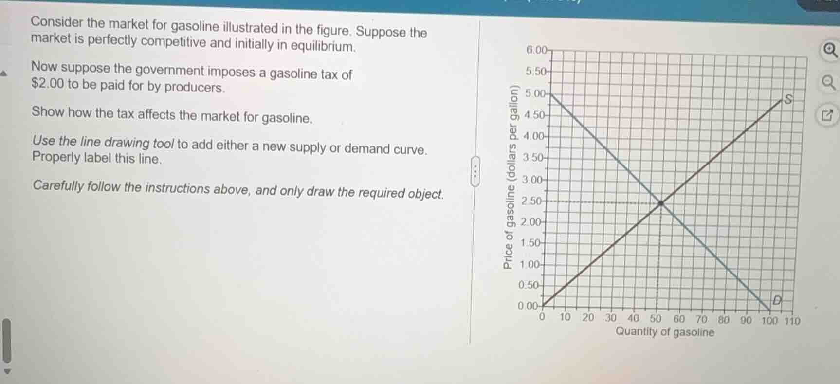 consider the market for gasoline illustrated in the figure. suppose the market is perfectly competitive and initially in equilibrium.\nnow suppose the government imposes a gasoline tax of $2.00 to be paid for by producers.\nshow how the tax affects the market for gasoline.\nuse the line drawing tool to add either a new supply or demand curve.\nproperly label this line.\ncarefully follow the instructions above, and only draw the required object.