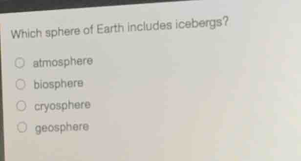 which sphere of earth includes icebergs?atmospherebiospherecryospheregeosphere