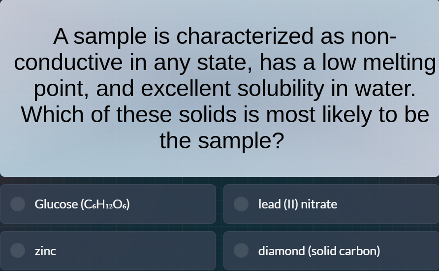 a sample is characterized as non-conductive in any state, has a low melting point, and excellent solubility in water. which of these solids is most likely to be the sample?\nglucose ($c_6h_{12}o_6$)\nlead (ii) nitrate\nzinc\ndiamond (solid carbon)
