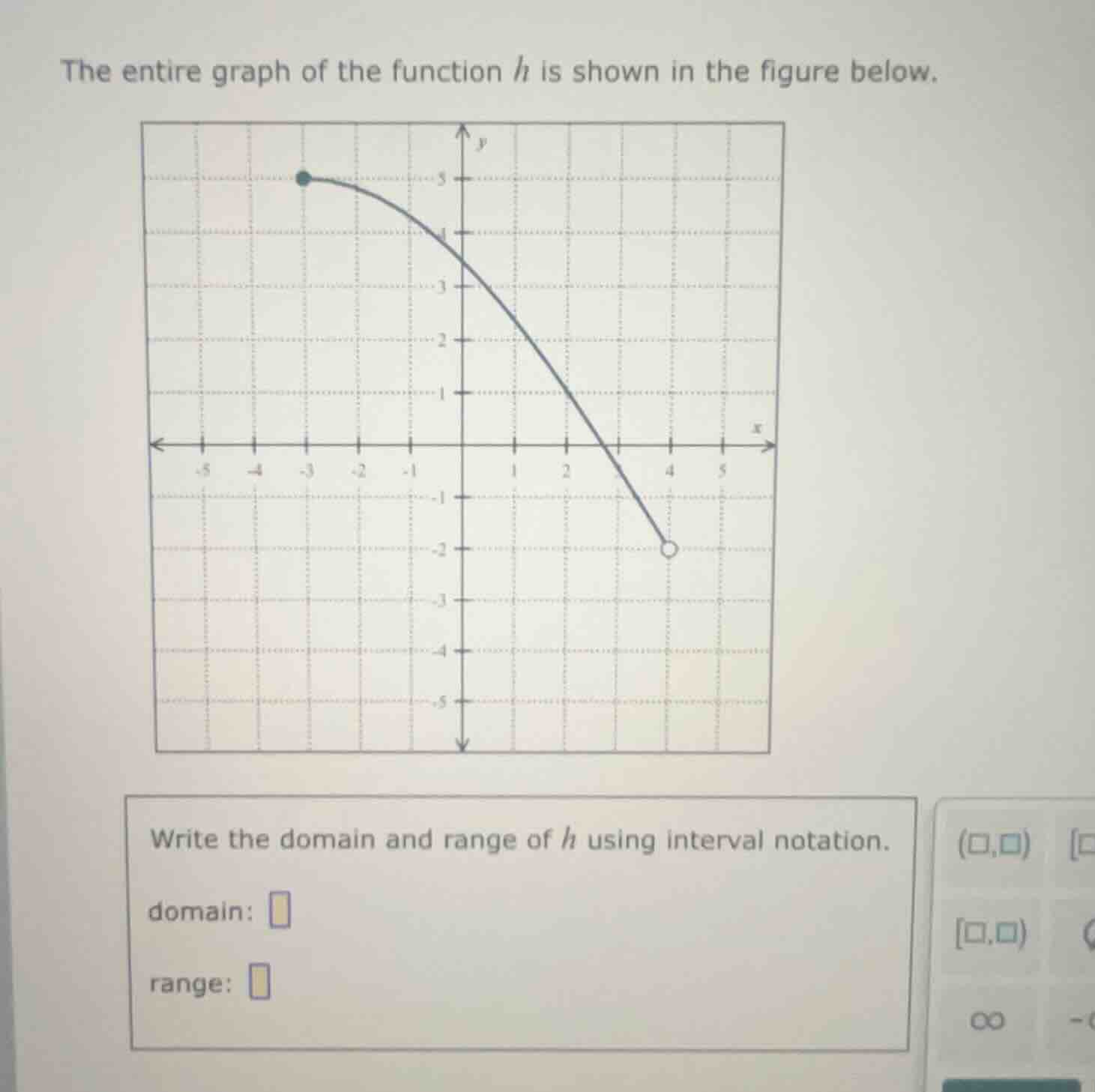 the entire graph of the function $h$ is shown in the figure below.\n\nwrite the domain and range of $h$ using interval notation.\ndomain: \nrange: