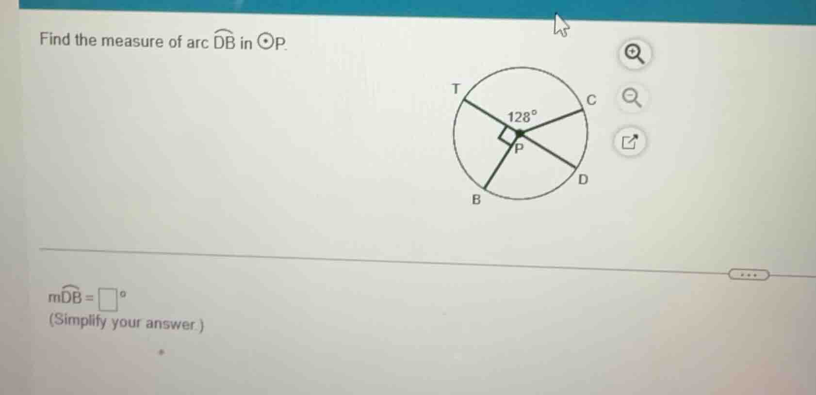 find the measure of arc $widehat{db}$ in $odot p$.\n$mwidehat{db}=\\square^\\circ$\n(simplify your answer.)