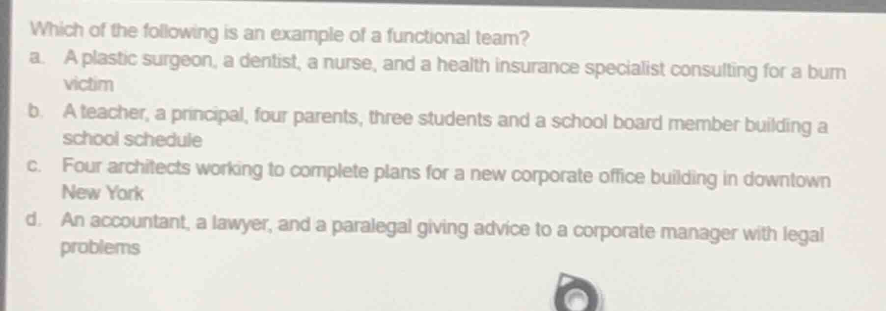 which of the following is an example of a functional team?\na. a plastic surgeon, a dentist, a nurse, and a health insurance specialist consulting for a burn victim\nb. a teacher, a principal, four parents, three students and a school board member building a school schedule\nc. four architects working to complete plans for a new corporate office building in downtown new york\nd. an accountant, a lawyer, and a paralegal giving advice to a corporate manager with legal problems