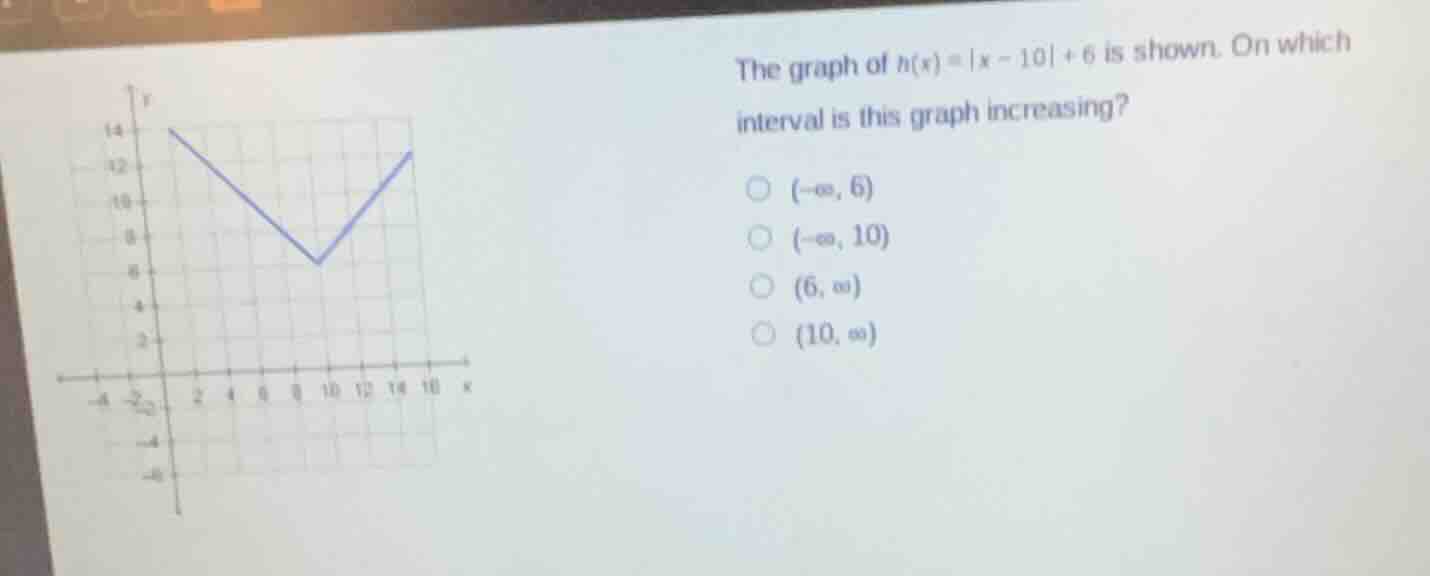 the graph of $h(x)=|x - 10|+6$ is shown. on which interval is this graph increasing?\n$(-\\infty, 6)$\n$(-\\infty, 10)$\n$(6, \\infty)$\n$(10, \\infty)$