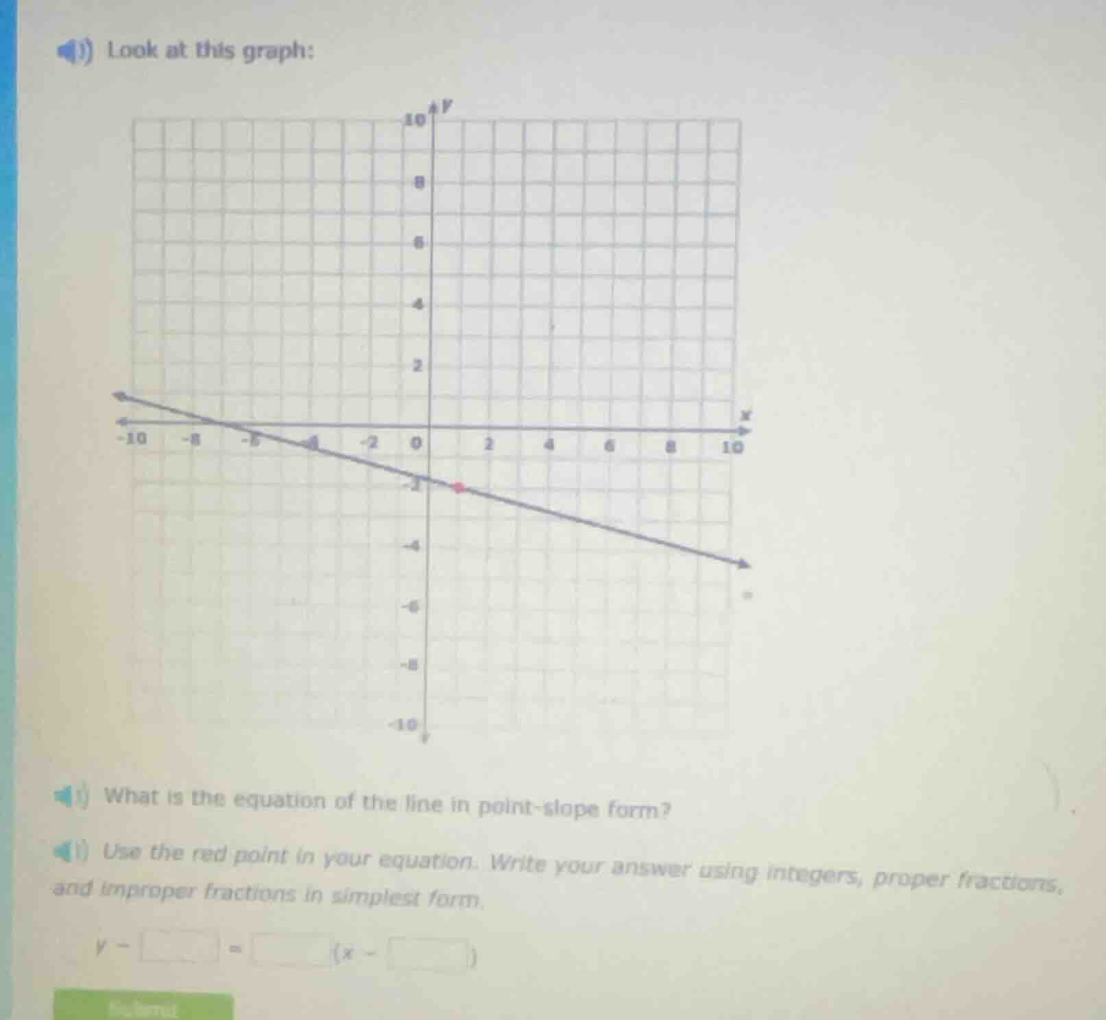 look at this graph:\nwhat is the equation of the line in point-slope form?\nuse the red point in your equation. write your answer using integers, proper fractions, and improper fractions in simplest form.\n$y - \\square = \\square(x - \\square)$