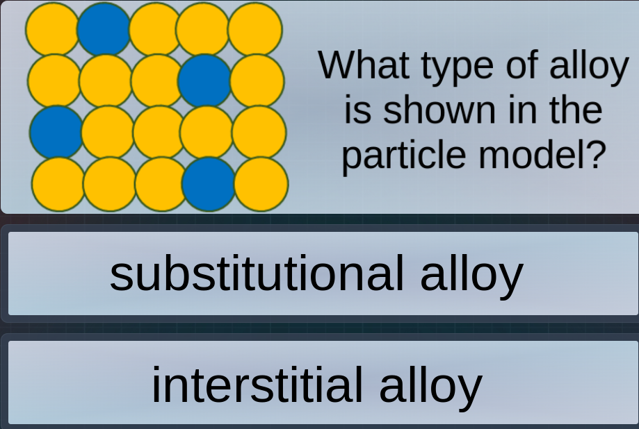 what type of alloy is shown in the particle model?\nsubstitutional alloy\ninterstitial alloy