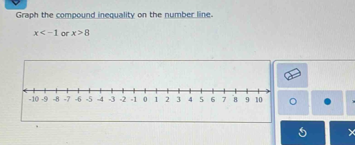 graph the compound inequality on the number line. \n$x < -1$ or $x > 8$