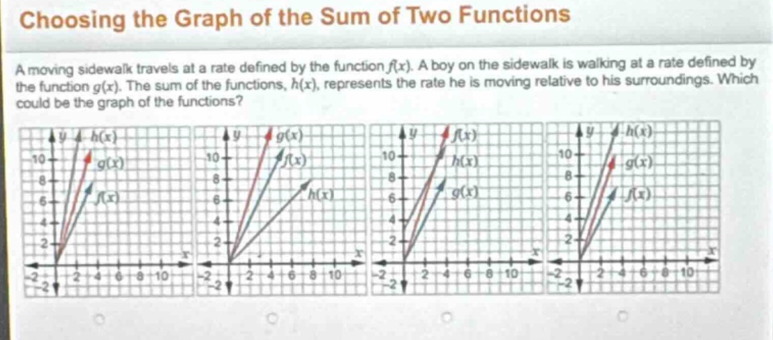 choosing the graph of the sum of two functions\na moving sidewalk travels at a rate defined by the function $f(x)$. a boy on the sidewalk is walking at a rate defined by the function $g(x)$. the sum of the functions, $h(x)$, represents the rate he is moving relative to his surroundings. which could be the graph of the functions?