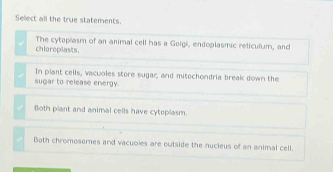 select all the true statements.\nthe cytoplasm of an animal cell has a golgi, endoplasmic reticulum, and chloroplasts.\nin plant cells, vacuoles store sugar, and mitochondria break down the sugar to release energy.\nboth plant and animal cells have cytoplasm.\nboth chromosomes and vacuoles are outside the nucleus of an animal cell.