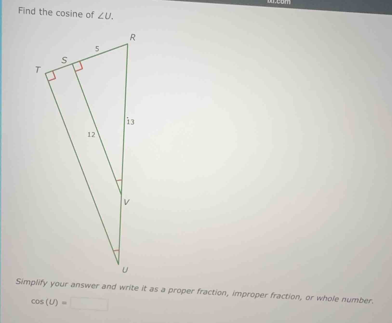 find the cosine of $angle u$.\nsimplify your answer and write it as a proper fraction, improper fraction, or whole number.\n$cos(u) = $