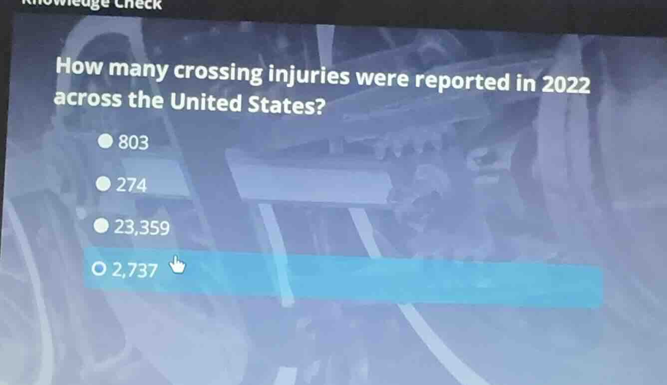 knowledge check\nhow many crossing injuries were reported in 2022 across the united states?\n803\n274\n23,359\n2,737