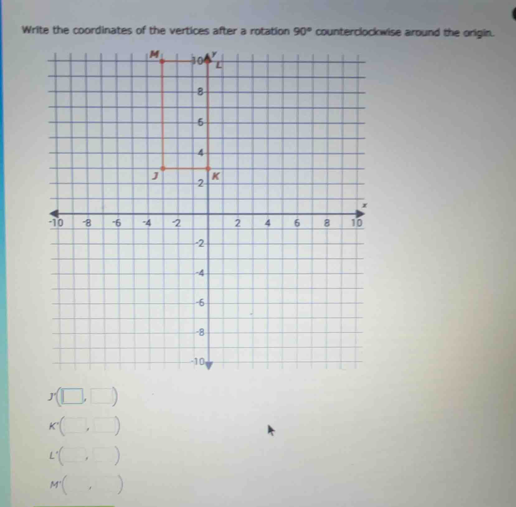 write the coordinates of the vertices after a rotation $90^{\\circ}$ counterclockwise around the origin.\n$j(\\square, \\square)$\n$k(\\square, \\square)$\n$l(\\square, \\square)$\n$m(\\square, \\square)$