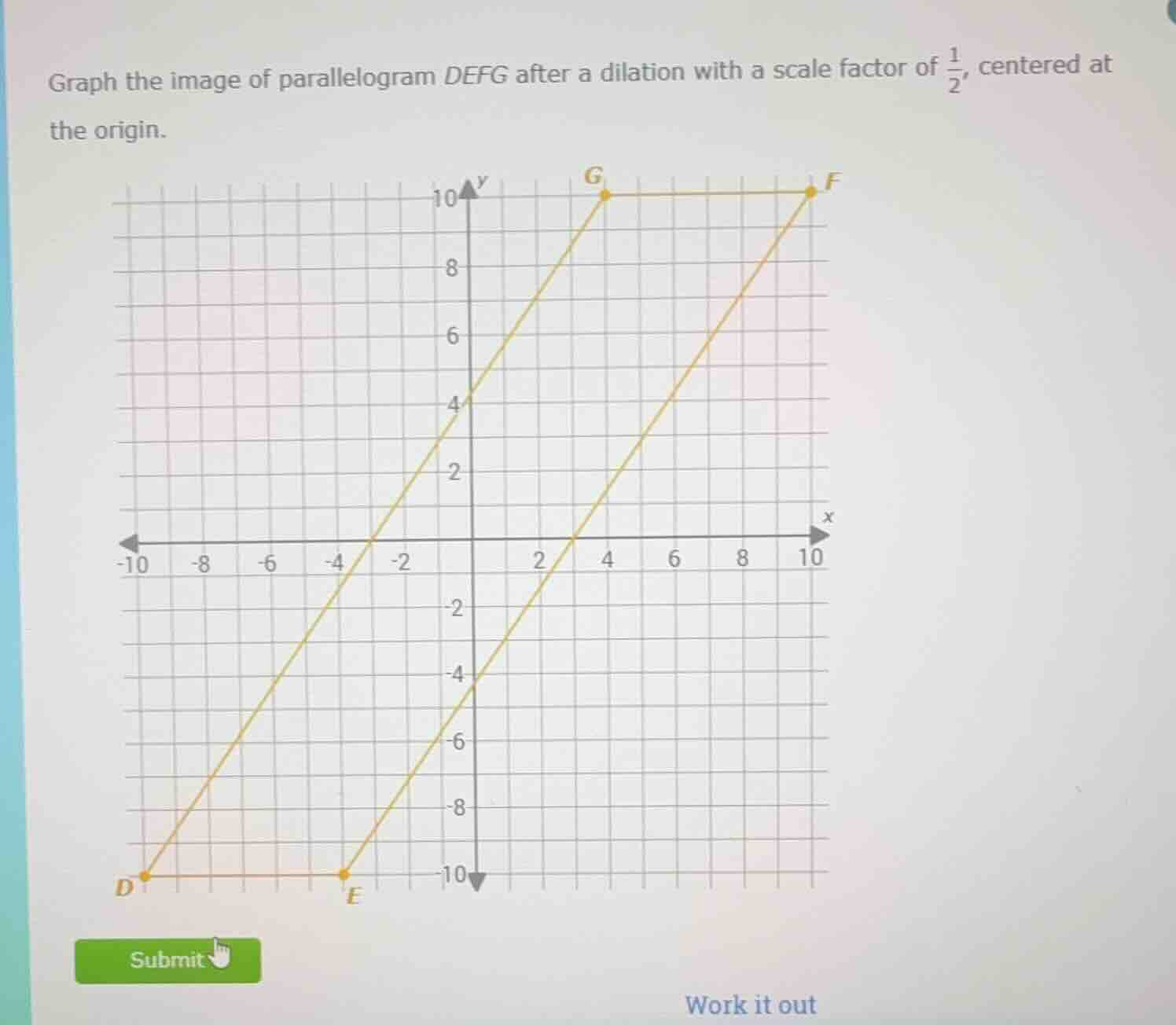 graph the image of parallelogram defg after a dilation with a scale factor of $\frac{1}{2}$, centered at the origin.