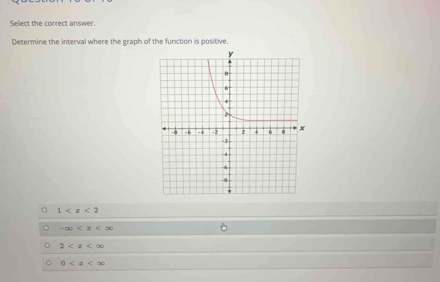 select the correct answer.\ndetermine the interval where the graph of the function is positive.\n\n$\bigcirc$ $1 < x < 2$\n$\bigcirc$ $-\\infty < x < \\infty$\n$\bigcirc$ $2 < x < \\infty$\n$\bigcirc$ $0 < x < \\infty$