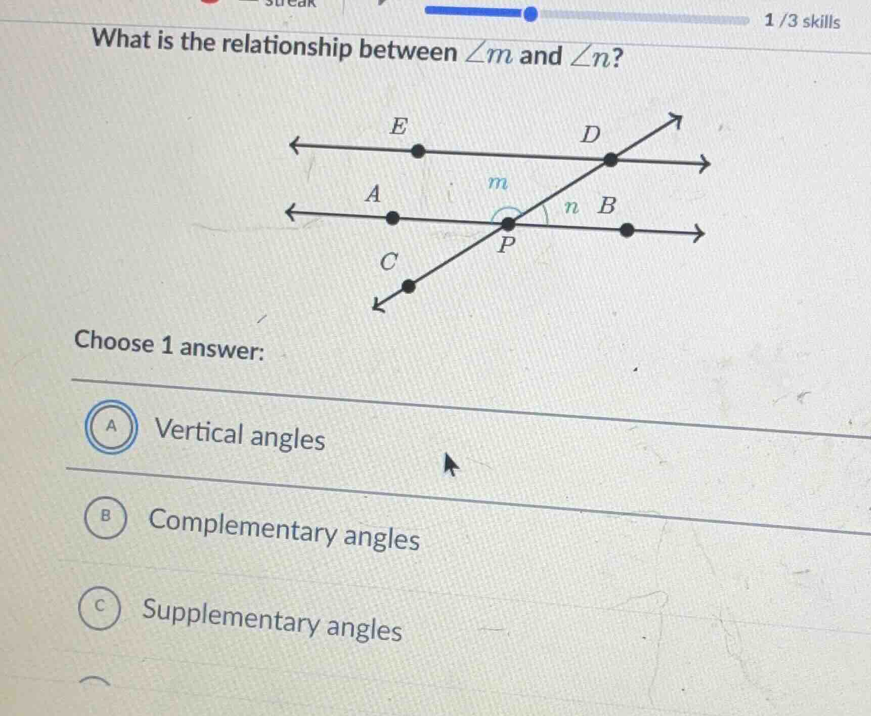 what is the relationship between $angle m$ and $angle n$?\nchoose 1 answer:\na vertical angles\nb complementary angles\nc supplementary angles