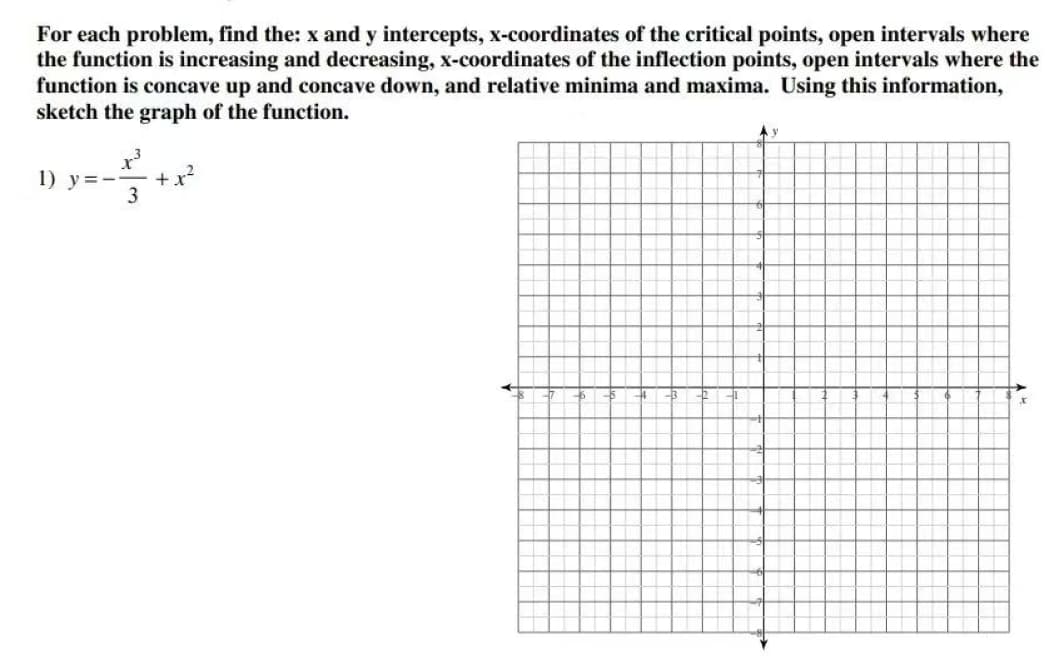 for each problem, find the: x and y intercepts, x-coordinates of the critical points, open intervals where the function is increasing and decreasing, x-coordinates of the inflection points, open intervals where the function is concave up and concave down, and relative minima and maxima. using this information, sketch the graph of the function.\n1) $y=\\frac{x^3}{3}+x^2$