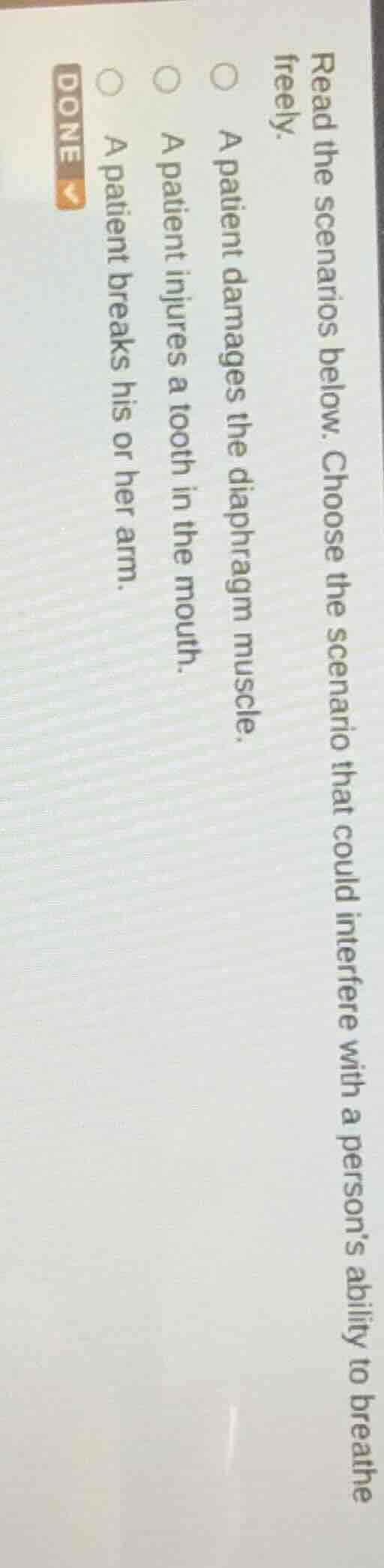 read the scenarios below. choose the scenario that could interfere with a persons ability to breathe freely.\n○ a patient damages the diaphragm muscle.\n○ a patient injures a tooth in the mouth.\n○ a patient breaks his or her arm.\ndone