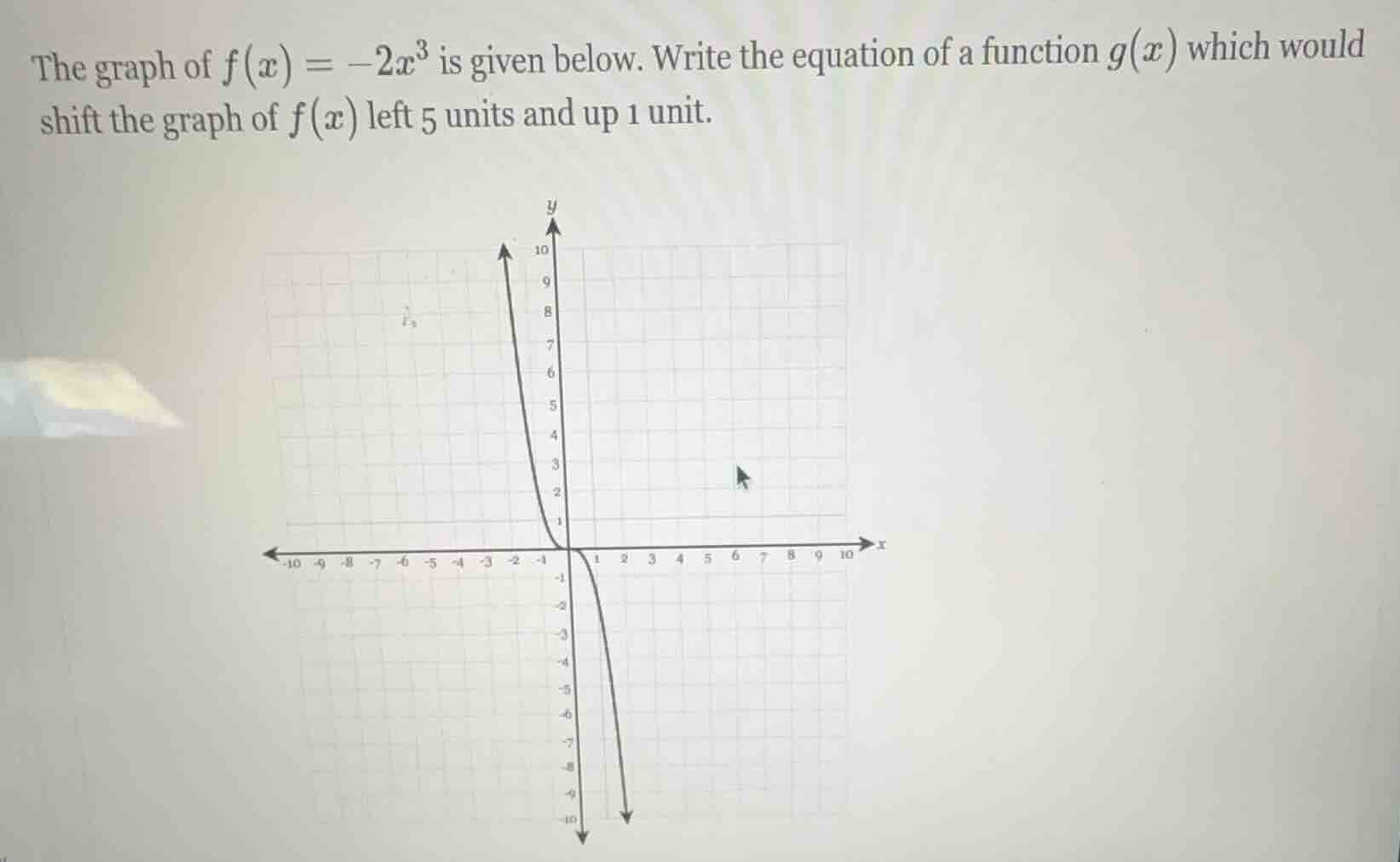 the graph of $f(x) = -2x^3$ is given below. write the equation of a function $g(x)$ which would shift the graph of $f(x)$ left 5 units and up 1 unit.