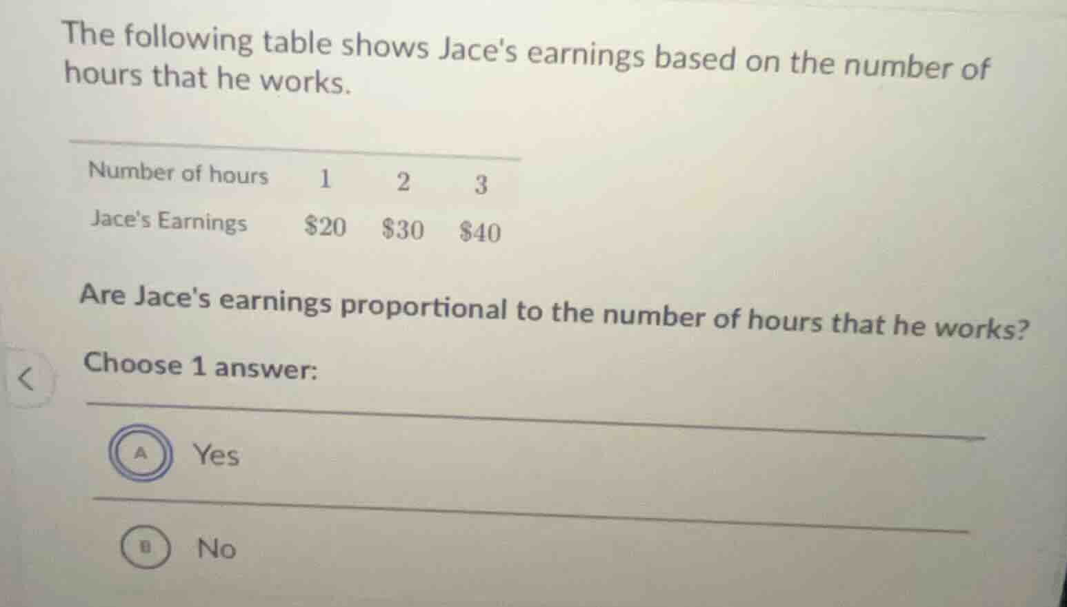 the following table shows jaces earnings based on the number of hours that he works.\nnumber of hours 1 2 3\njaces earnings $20 $30 $40\nare jaces earnings proportional to the number of hours that he works?\nchoose 1 answer:\na yes\nb no