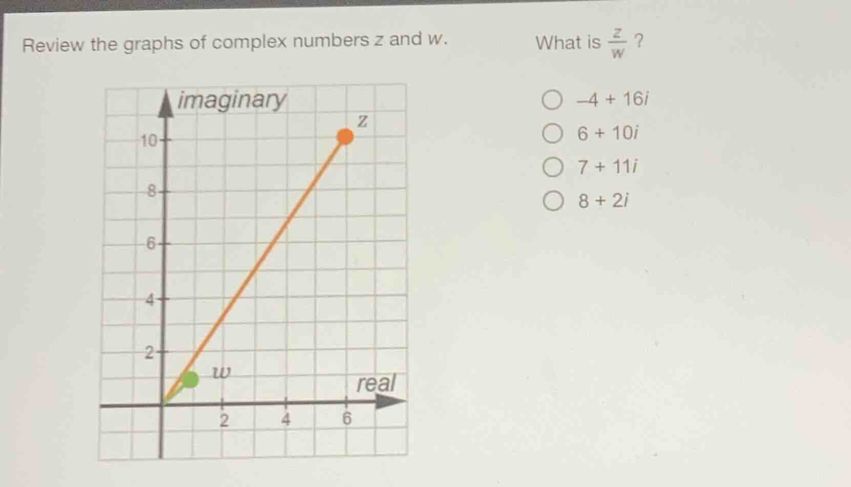 review the graphs of complex numbers z and w.\nwhat is $\frac{z}{w}$?\n$\boldsymbol{-4 + 16i}$\n$\boldsymbol{6 + 10i}$\n$\boldsymbol{7 + 11i}$\n$\boldsymbol{8 + 2i}$