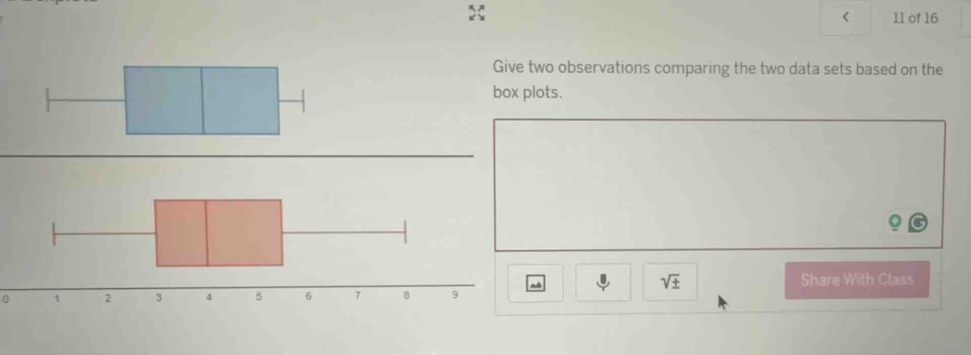 give two observations comparing the two data sets based on the box plots.
