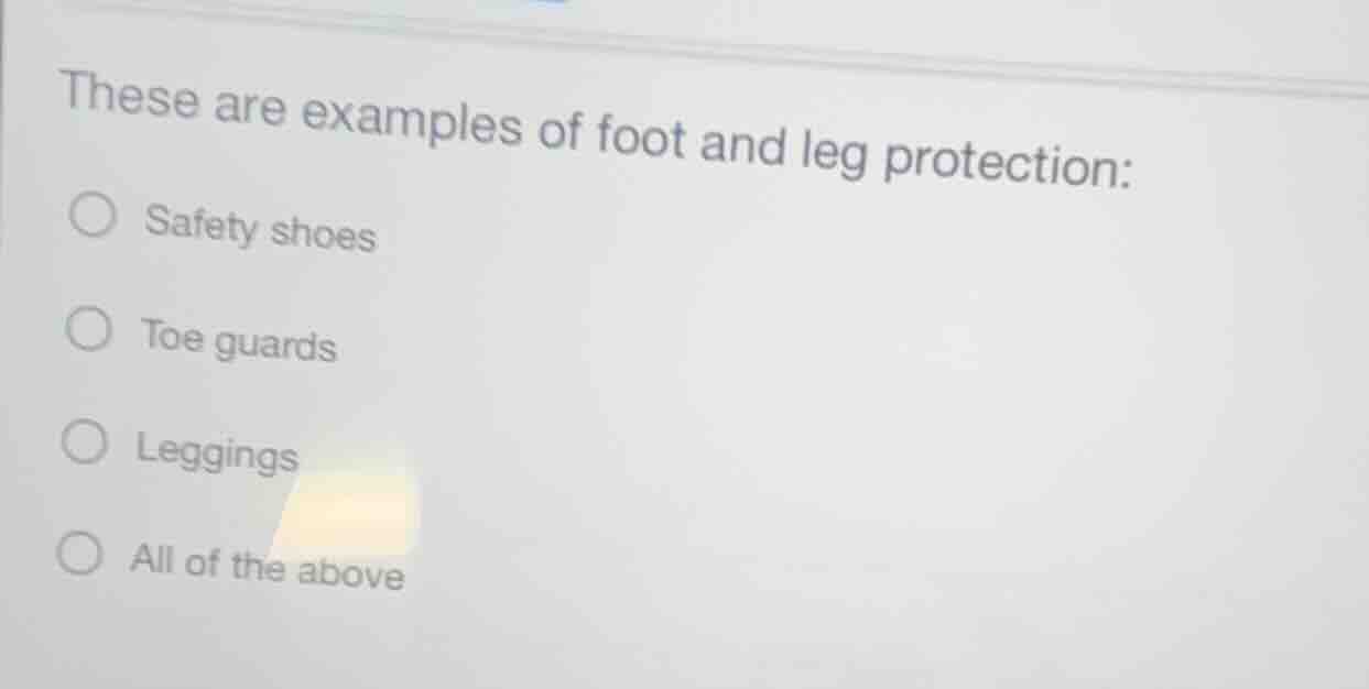 these are examples of foot and leg protection:\n○ safety shoes\n○ toe guards\n○ leggings\n○ all of the above