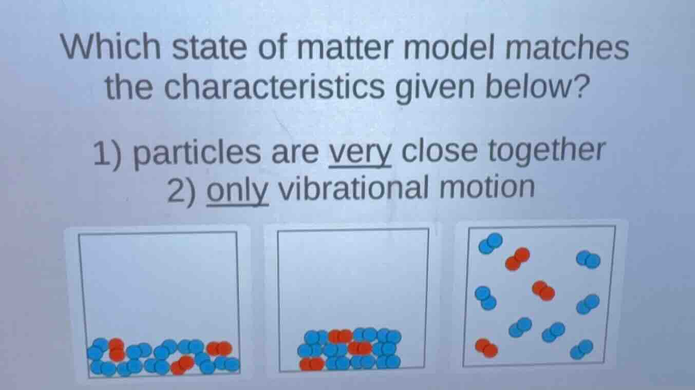 which state of matter model matches the characteristics given below?\n1) particles are very close together\n2) only vibrational motion