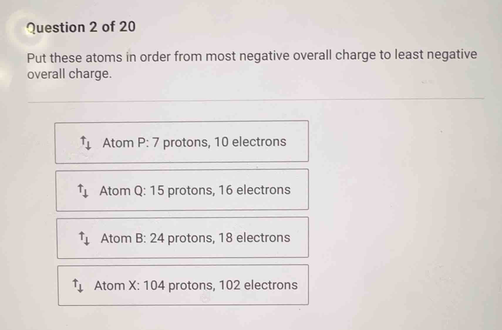 question 2 of 20\nput these atoms in order from most negative overall charge to least negative overall charge.\natom p: 7 protons, 10 electrons\natom q: 15 protons, 16 electrons\natom b: 24 protons, 18 electrons\natom x: 104 protons, 102 electrons