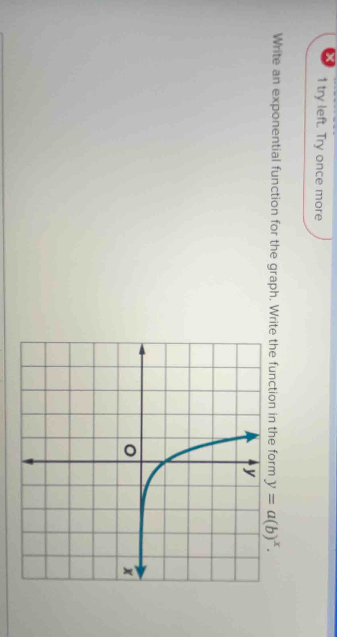 1 try left. try once more\nwrite an exponential function for the graph. write the function in the form $y = a(b)^x$.