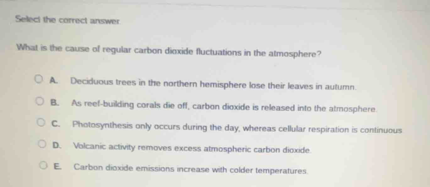 select the correct answer.\n\nwhat is the cause of regular carbon dioxide fluctuations in the atmosphere?\n\na. deciduous trees in the northern hemisphere lose their leaves in autumn.\nb. as reef-building corals die off, carbon dioxide is released into the atmosphere.\nc. photosynthesis only occurs during the day, whereas cellular respiration is continuous.\nd. volcanic activity removes excess atmospheric carbon dioxide.\ne. carbon dioxide emissions increase with colder temperatures.