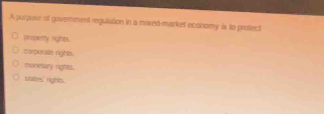 a purpose of government regulation in a mixed-market economy is to protect\n\nproperty rights.\ncorporate rights.\nmonetary rights.\nstates rights.