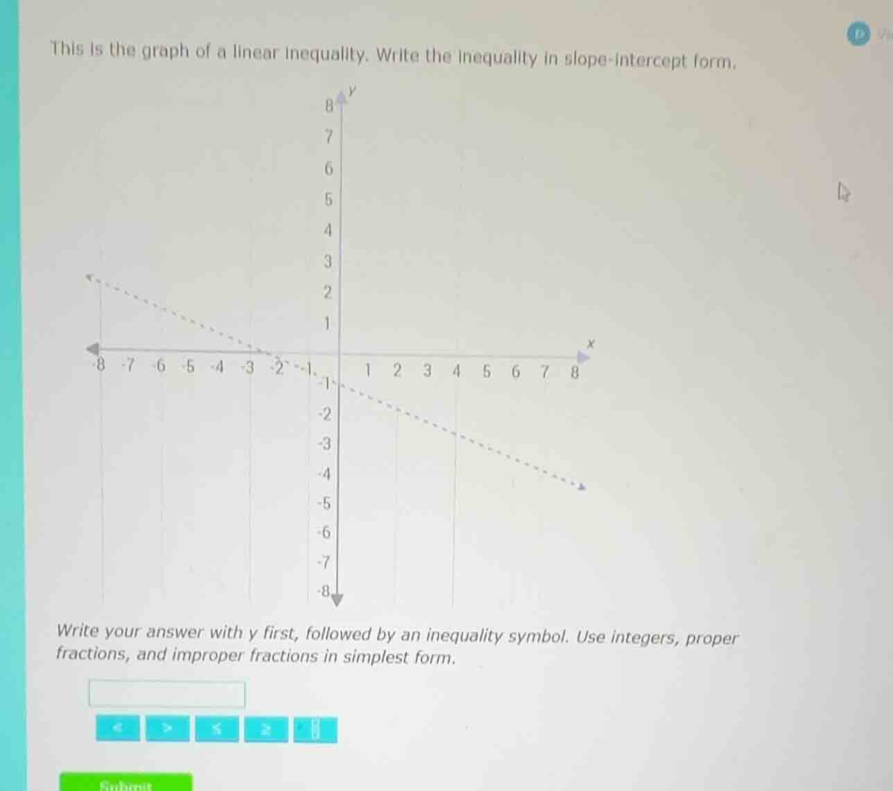 this is the graph of a linear inequality. write the inequality in slope-intercept form.\nwrite your answer with $y$ first, followed by an inequality symbol. use integers, proper fractions, and improper fractions in simplest form.