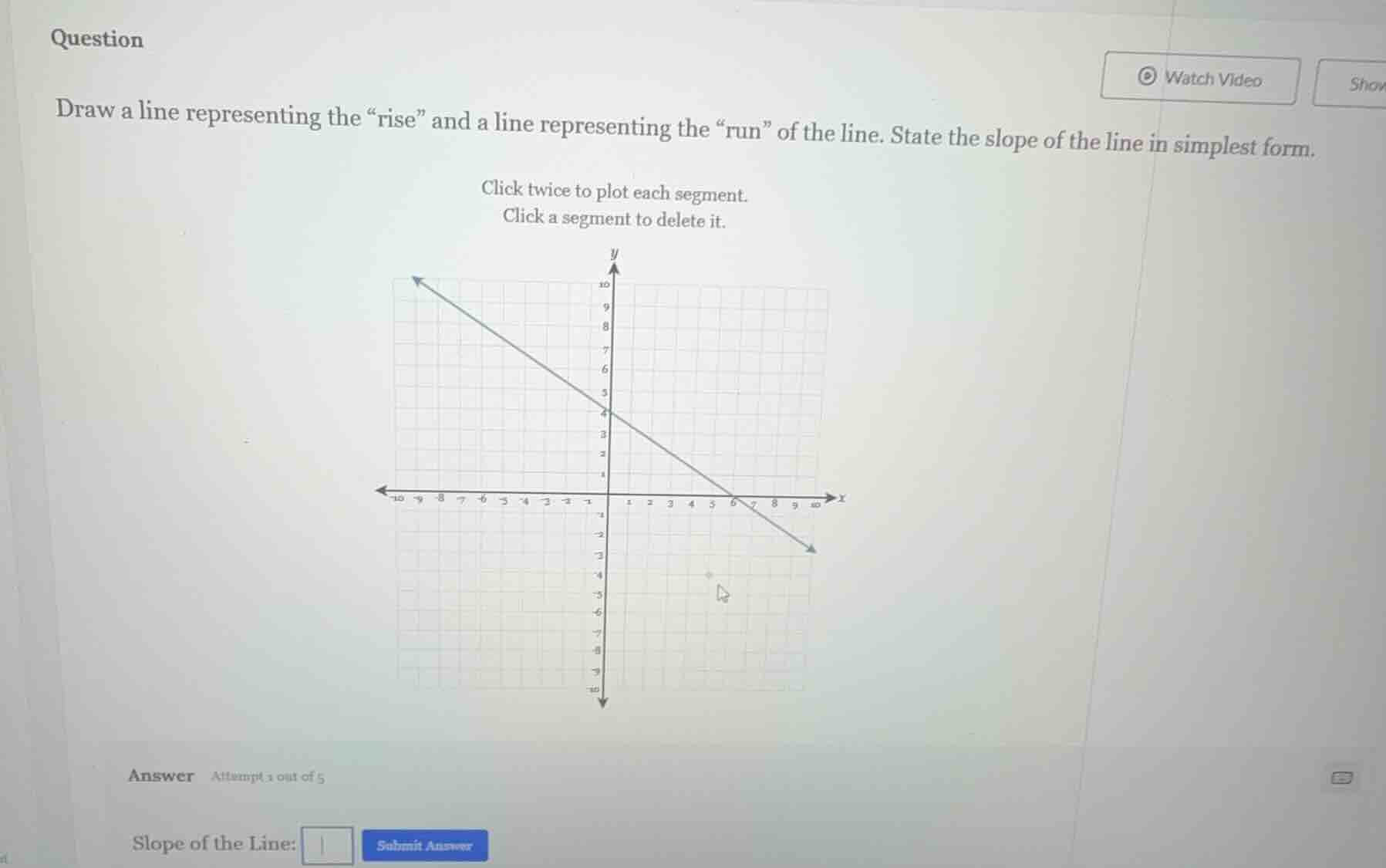 draw a line representing the \rise\ and a line representing the \run\ of the line. state the slope of the line in simplest form.\n\nclick twice to plot each segment.\nclick a segment to delete it.\n\nslope of the line: