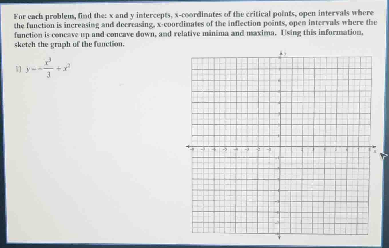 for each problem, find the: $x$ and $y$ intercepts, $x$-coordinates of the critical points, open intervals where the function is increasing and decreasing, $x$-coordinates of the inflection points, open intervals where the function is concave up and concave down, and relative minima and maxima. using this information, sketch the graph of the function.\n\n1) $y = -\\frac{x^3}{3} + x^2$