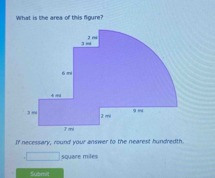 what is the area of this figure?\n\nif necessary, round your answer to the nearest hundredth.\n\nsquare miles