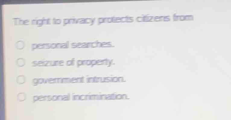the right to privacy protects citizens from\n\npersonal searches.\nseizure of property.\ngovernment intrusion.\npersonal incrimination.